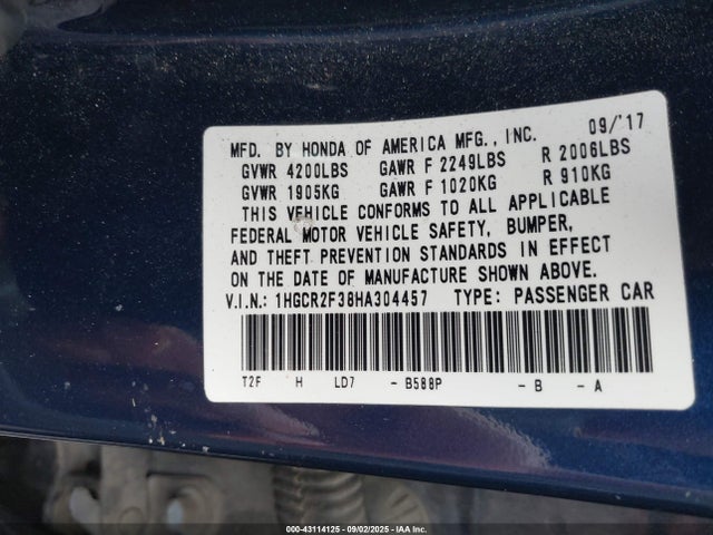 1HGCR2F38HA304457 Honda k24w1