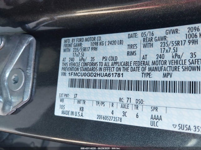 1FMCU0GD2HUA61781 Ford gtdi sigma w/premium fuel