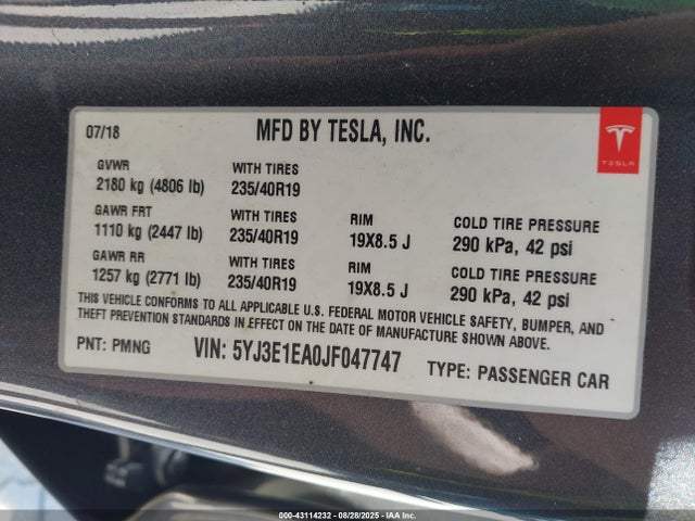 2018 TESLA MODEL 3 5YJ3E1EA0JF047747 Photo 8