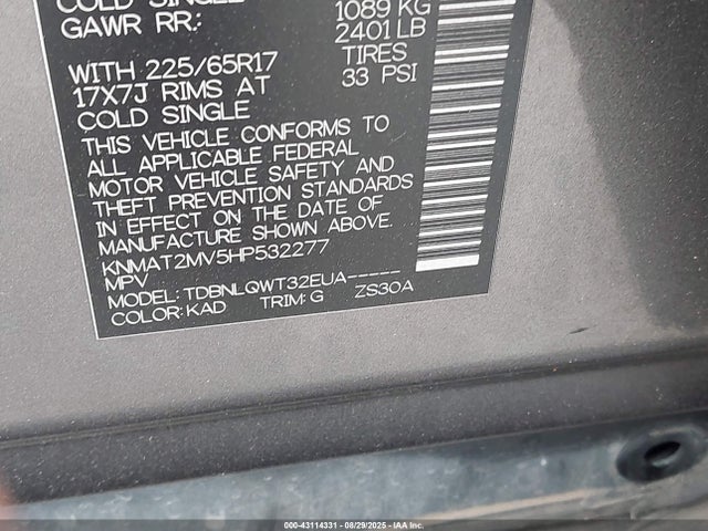 Продажа на аукционе авто 2017 Nissan Rogue Sv, vin: KNMAT2MV5HP532277, номер лота: 43114331