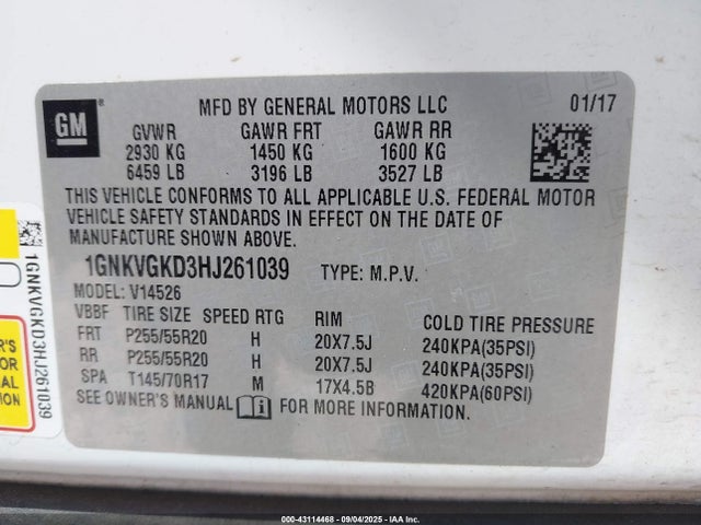 1GNKVGKD3HJ261039 Chevrolet llt - sidi: spark ignited direct injection, alum, 60 degrees