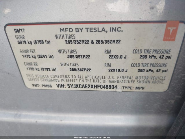 Aukcja sprzedaży 2017 Tesla Model X 100d/75d/90d, vin: 5YJXCAE2XHF048804, numer aukcji: 43114570