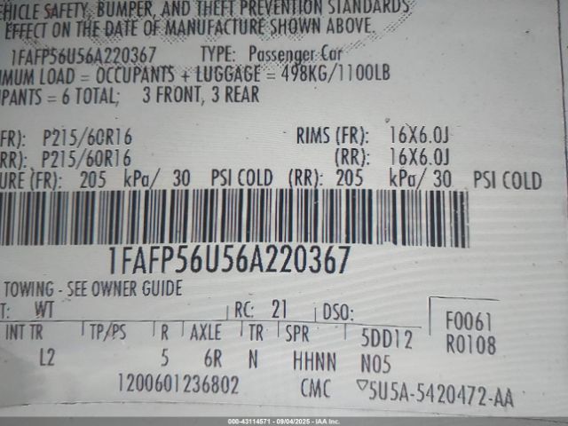 2006 FORD TAURUS 1FAFP56U56A220367 Photo 8