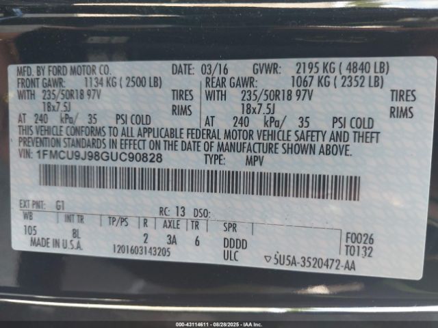 2016 FORD ESCAPE 1FMCU9J98GUC90828 Photo 8