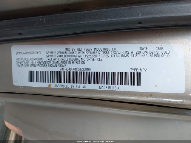 Продаж на аукціоні авто 2008 Subaru Outback 2.5i/2.5i L.l. Bean Edition, vin: 4S4BP61C687360467, номер лоту: 43114680