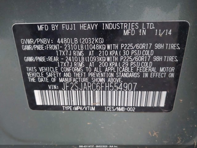 Subaru 2.5na u5 2015 JF2SJARC6FH554907 Image 9