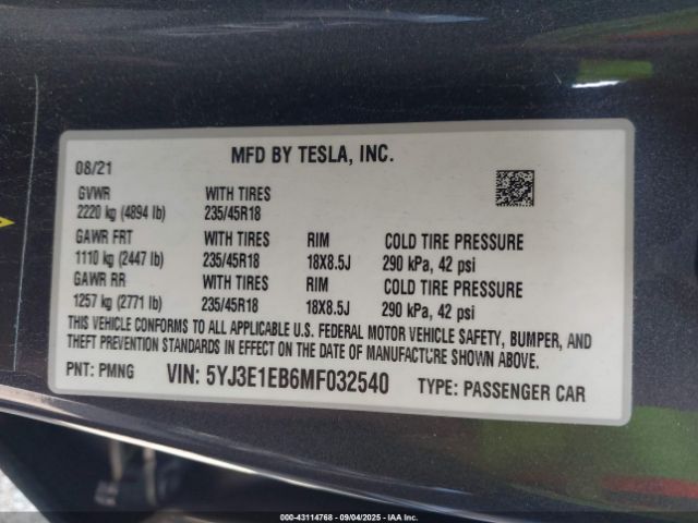 2021 TESLA MODEL 3 5YJ3E1EB6MF032540 Photo 8