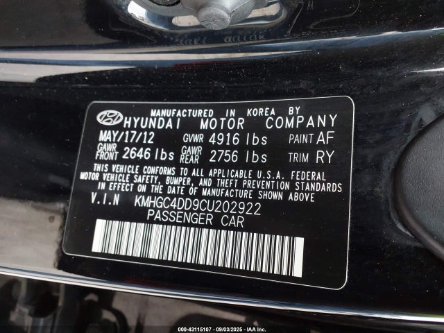 Продажа на аукционе авто 2012 Hyundai Genesis 3.8, vin: KMHGC4DD9CU202922, номер лота: 43115107
