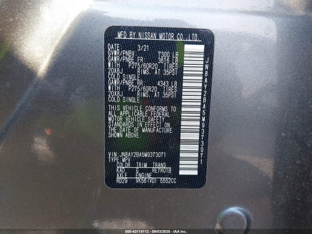JN8AY2BA5M9373071 Nissan 2021