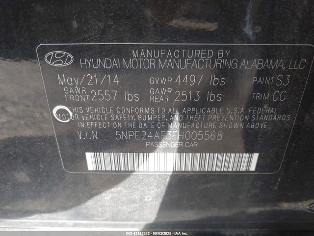 Продаж на аукціоні авто 2015 Hyundai Sonata Se, vin: 5NPE24AF3FH005568, номер лоту: 43115242
