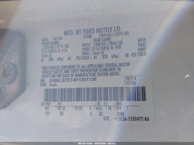 Продаж на аукціоні авто 2017 Ford Transit Connect Xl, vin: NM0LS7E74H1301136, номер лоту: 43115304