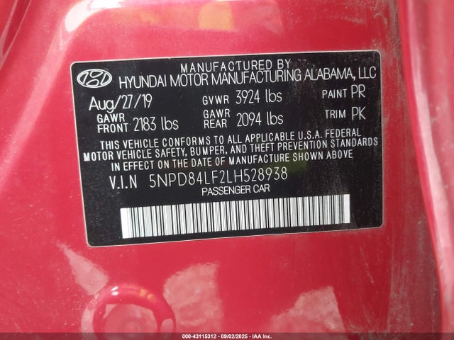 5NPD84LF2LH528938 Hyundai mpi nu