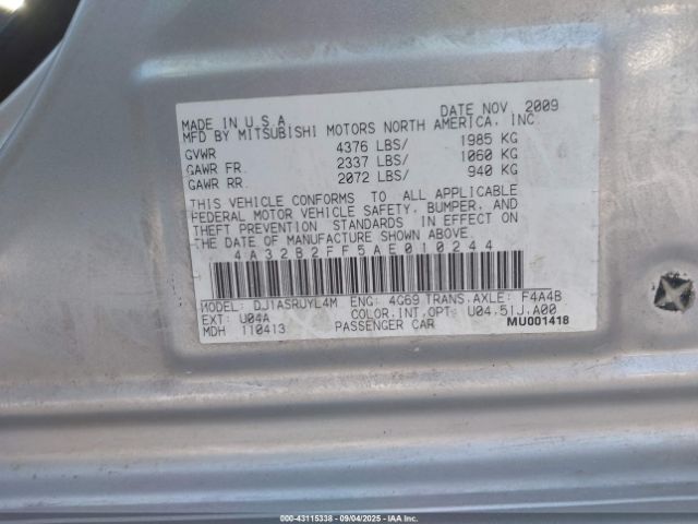 2010 MITSUBISHI GALANT 4A32B2FF5AE010244 Photo 8