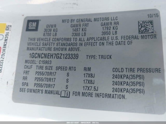 1GCNCNEH7GZ123339 Chevrolet lv3 - sidi, vvt, aluminum, e85 max