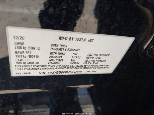 5YJYGDEF9MF097970 Tesla 2021