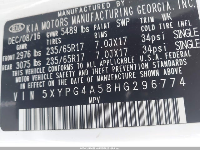 5XYPG4A58HG296774 KIA Sorento