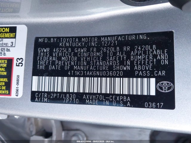 4T1K31AK6NU036020 Toyota a25a-fxs, 3nm
