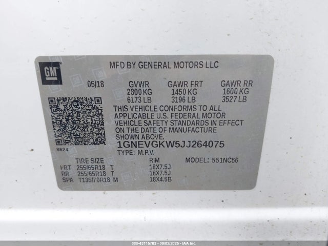 1GNEVGKW5JJ264075 Chevrolet lfy - spark ignited direct injection, atss, gen 1