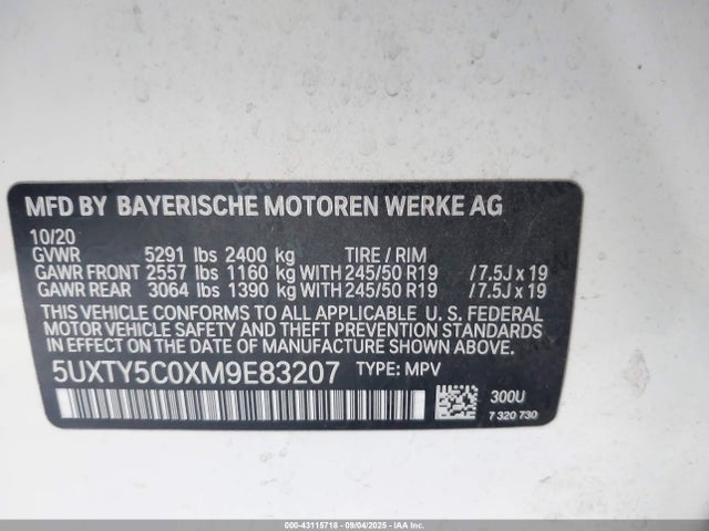 BMW X3 2021 5UXTY5C0XM9E83207 Image 9