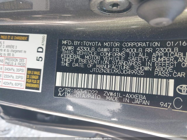 JTDZN3EU9GJ049935 Toyota 2zr-fxe, 5jm