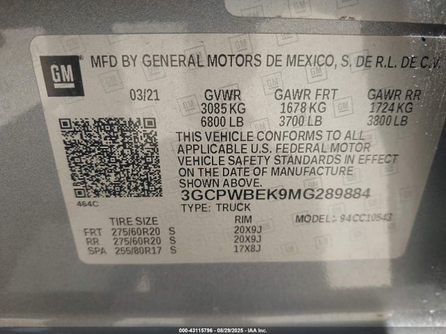 3GCPWBEK9MG289884 Chevrolet l3b - sidi, vvt, alum