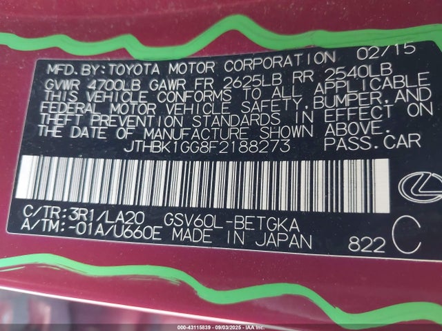 Lexus 2gr-fe 2015 JTHBK1GG8F2188273 Image 9