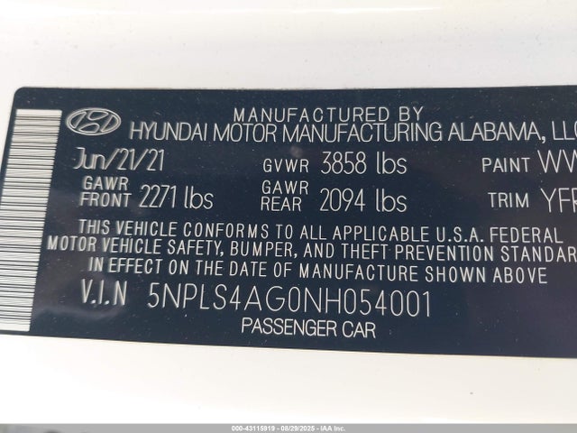 5NPLS4AG0NH054001 Hyundai mpi nu pe