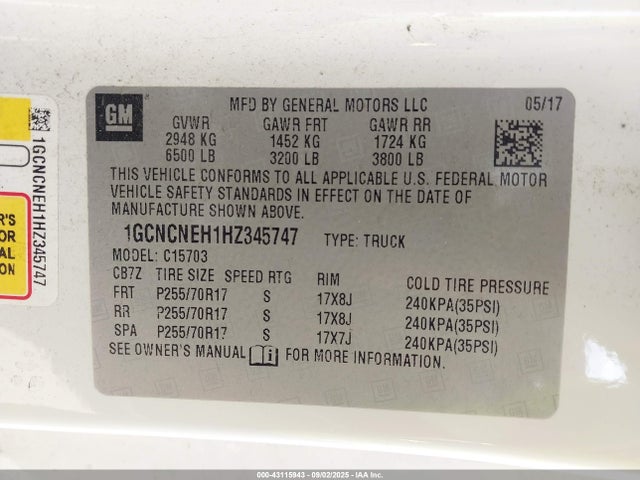 1GCNCNEH1HZ345747 Chevrolet lv3 - gen 5, sidi, vvt: variable valve timing, e85 max, alum