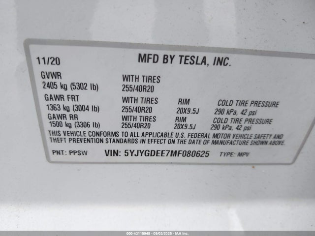 2021 TESLA MODEL Y 5YJYGDEE7MF080625 Photo 8