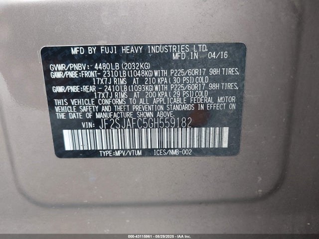Subaru naturally aspirated u5 2016 JF2SJAFC5GH559182 Image 9