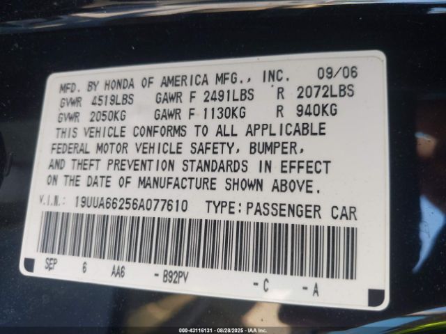 2006 ACURA TL 19UUA66256A077610 Photo 8