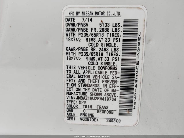 43116423 :رقم المزاد ، JN8AZ1MU2EW419764 vin ، 2014 Nissan Murano Sl مزاد بيع