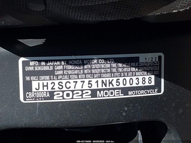 2022 HONDA CBR1000 JH2SC7751NK500388 Photo 9