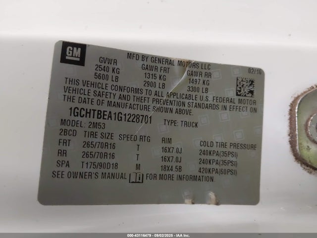 Chevrolet lcv - sidi; dcvcp; vvt; e85 max, e0-e100, alum 2016 1GCHTBEA1G1228701 Image 9