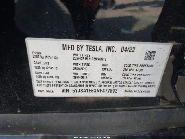2022 TESLA MODEL S 5YJSA1E6XNF477892 Photo 8