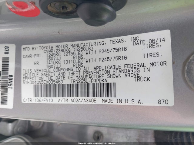 Toyota 2tr-fe 2014 5TFJX4GN5EX035463 Image 9