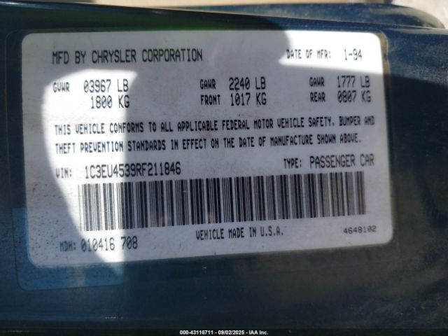 1994 CHRYSLER LEBARON 1C3EU4539RF211846 Photo 8