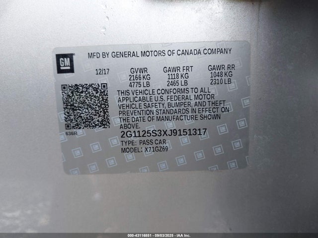 2G1125S3XJ9151317 Chevrolet lfx - spark ignited direct injection, vvt, e85 max, alum