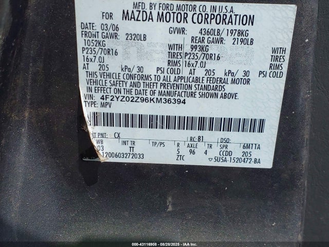 Aukcja sprzedaży 2006 Mazda Tribute I, vin: 4F2YZ02Z96KM36394, numer aukcji: 43116908