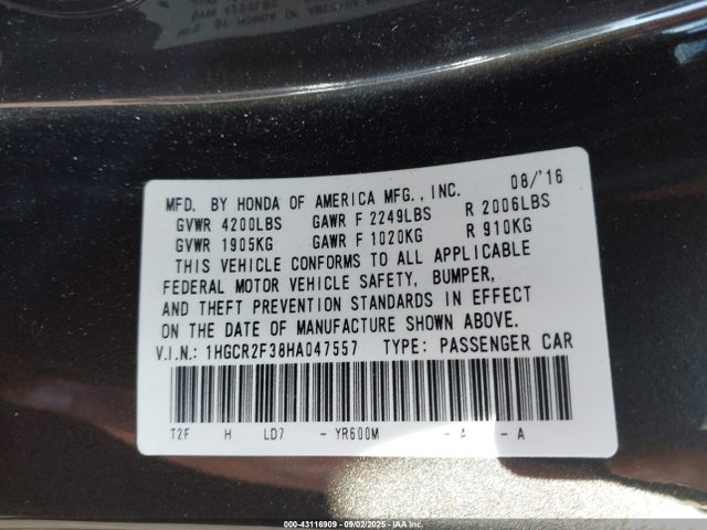Honda k24w1 2017 1HGCR2F38HA047557 Image 9