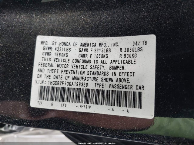 1HGCR2F73GA199330 Honda k24w1
