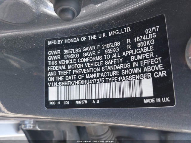 SHHFK7H5XHU417375 Honda l15ba