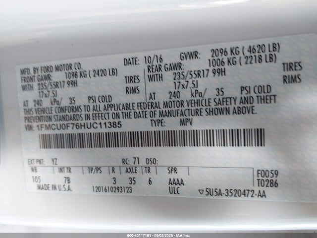 Ford 2.5l i-vct 2017 1FMCU0F76HUC11385 Image 9
