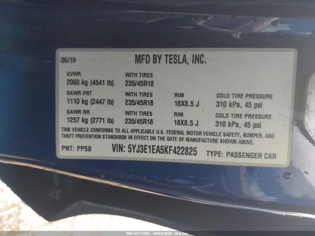 2019 TESLA MODEL 3 5YJ3E1EA5KF422825 Photo 8