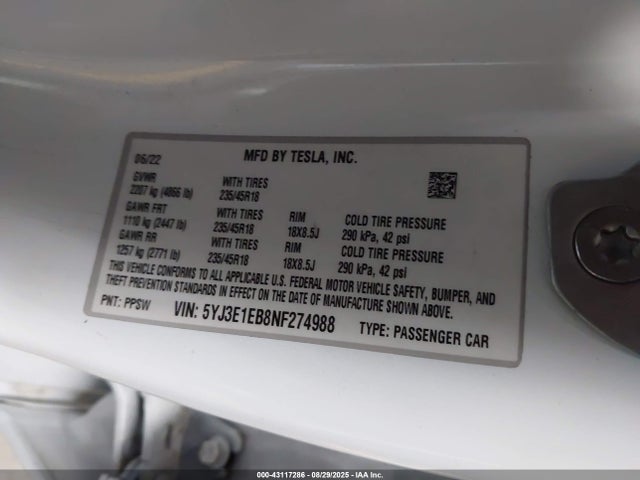 2022 TESLA MODEL 3 5YJ3E1EB8NF274988 Photo 8
