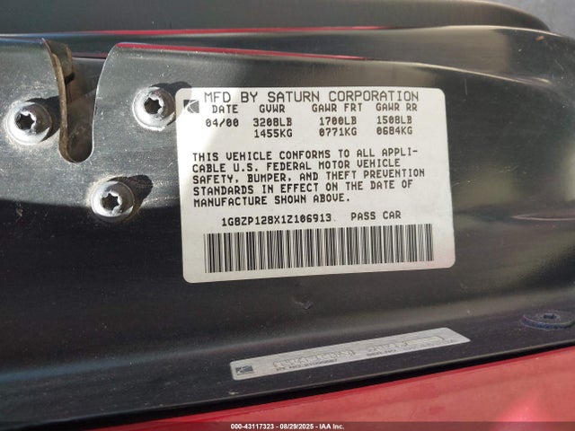 2001 Saturn Sc1 მანქანა იყიდება აუქციონზე, vin: 1G8ZP128X1Z106913, აუქციონის ნომერი: 43117323