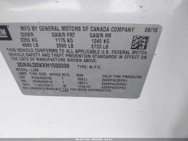 2GNALDEKXH1509338 Chevrolet lea - sidi: spark ignited direct injection, e85 max, alum