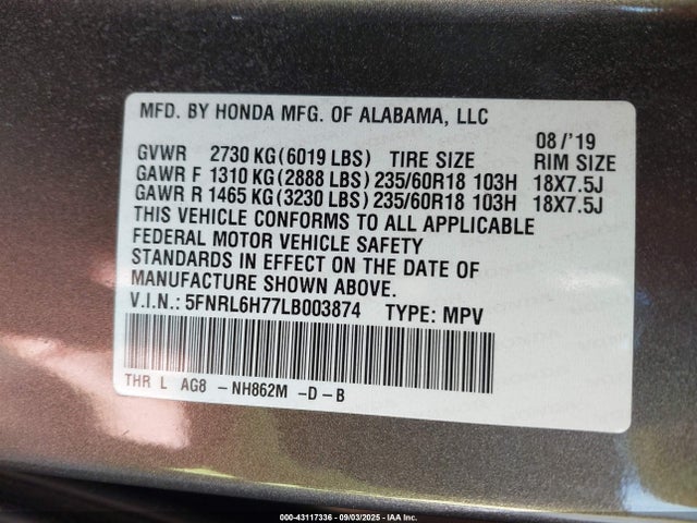 5FNRL6H77LB003874 Honda j35y7