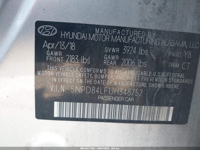 5NPD84LF1JH348752 Hyundai mpi nu