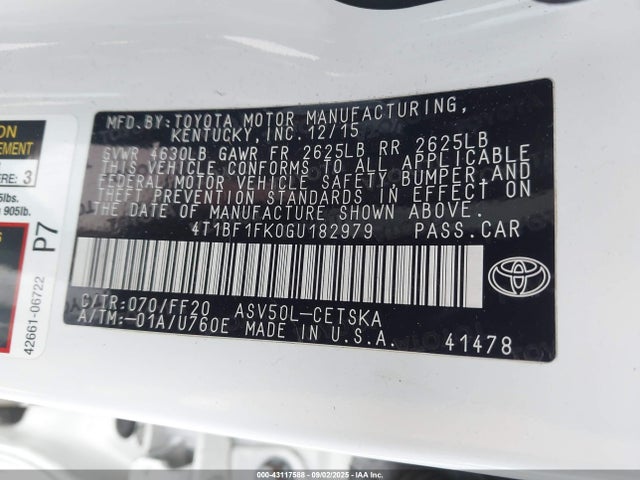 Toyota 2ar-fe 2016 4T1BF1FK0GU182979 Image 9